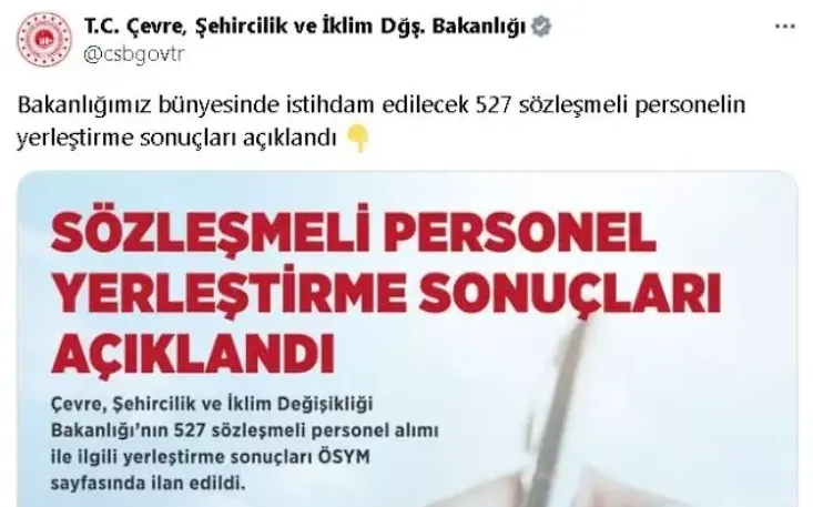 Bakanlık 527 sözleşmesi personel alımı yapılacağını duyurdu