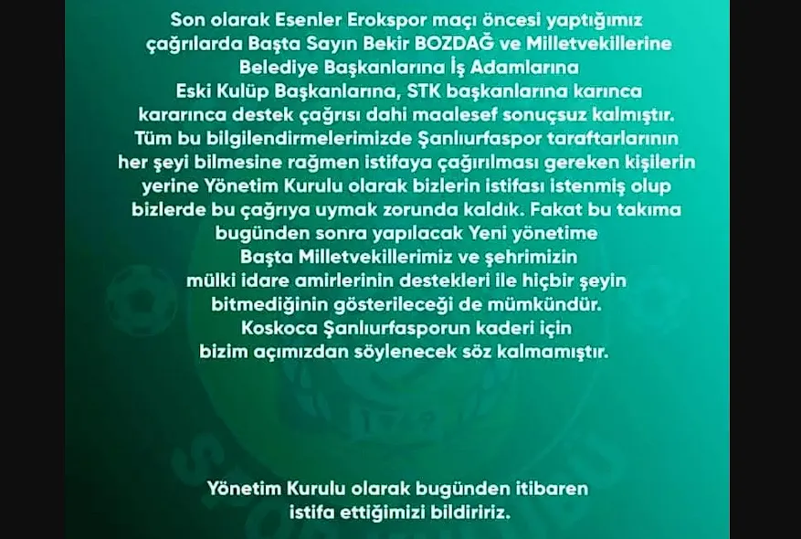 Şanlıurfaspor Yönetimi İstifa Etti!