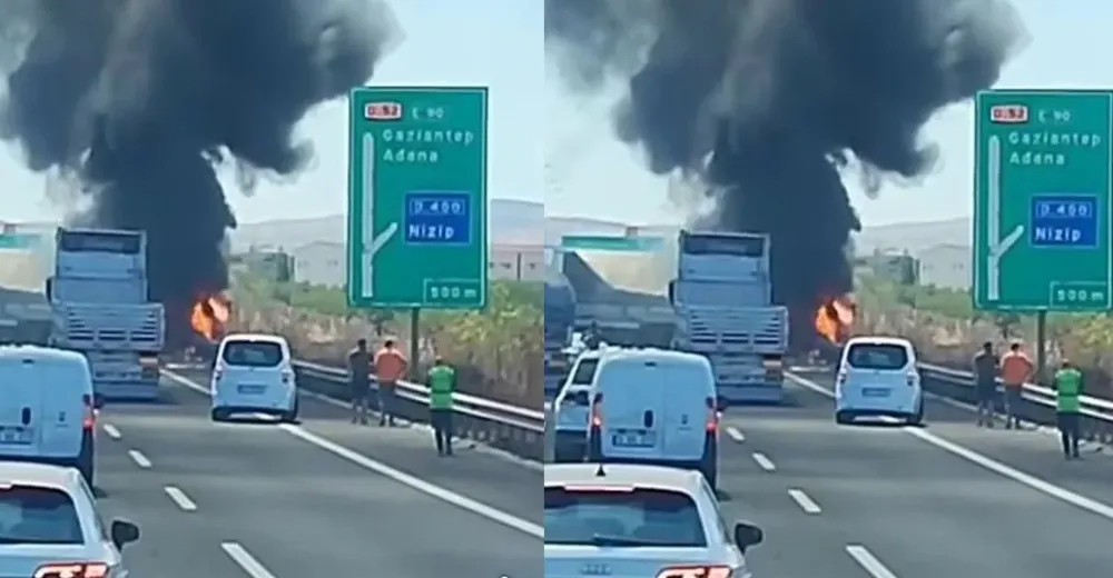 Şanlıurfa-Gaziantep otoyolunda seyir halinde ilerleyen bir otomobil  alev alev yandı!